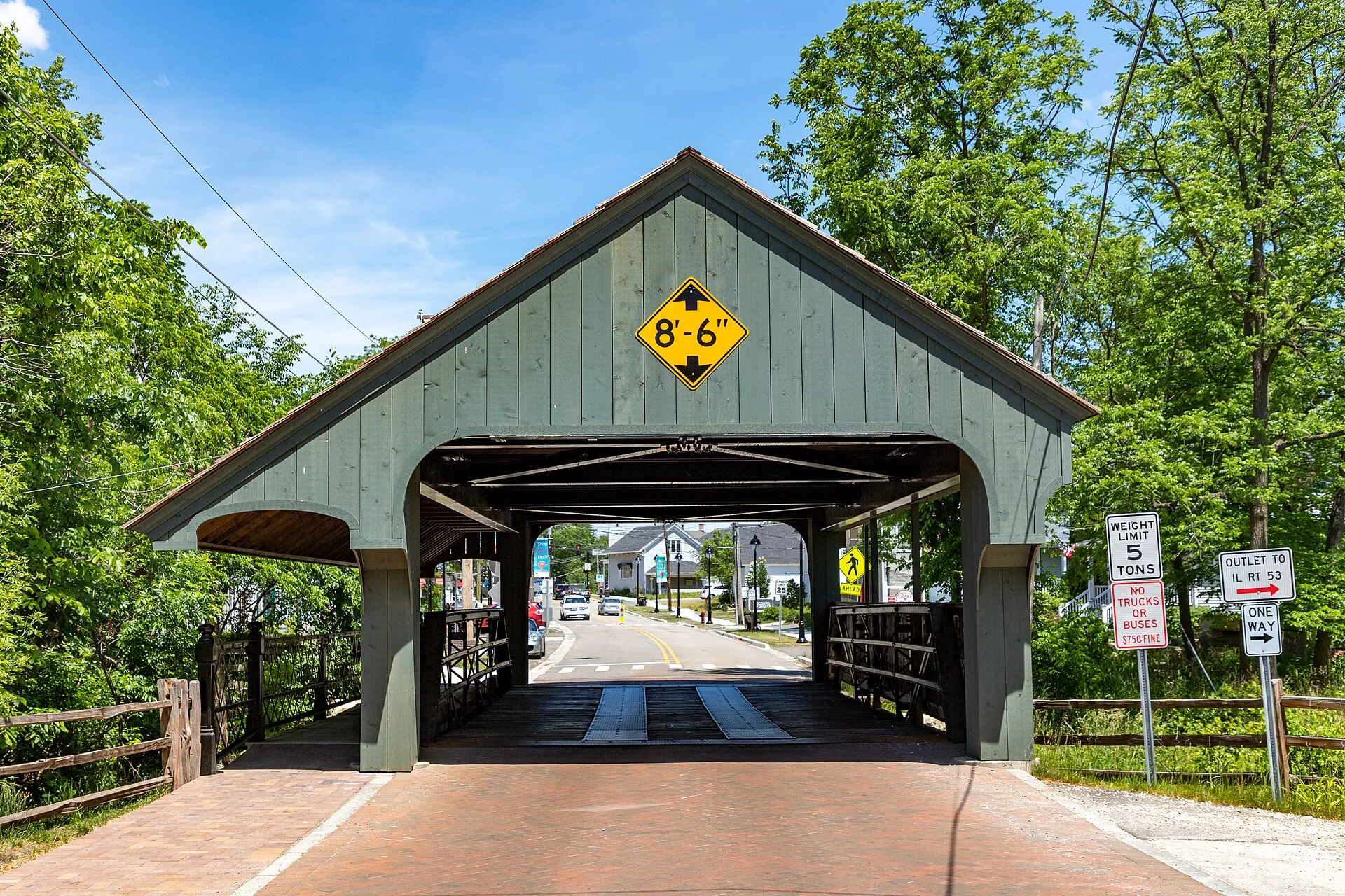 The covered bridge on Robert Parker Coffin Road in Long Grove, Illinois, on a sunny summer day